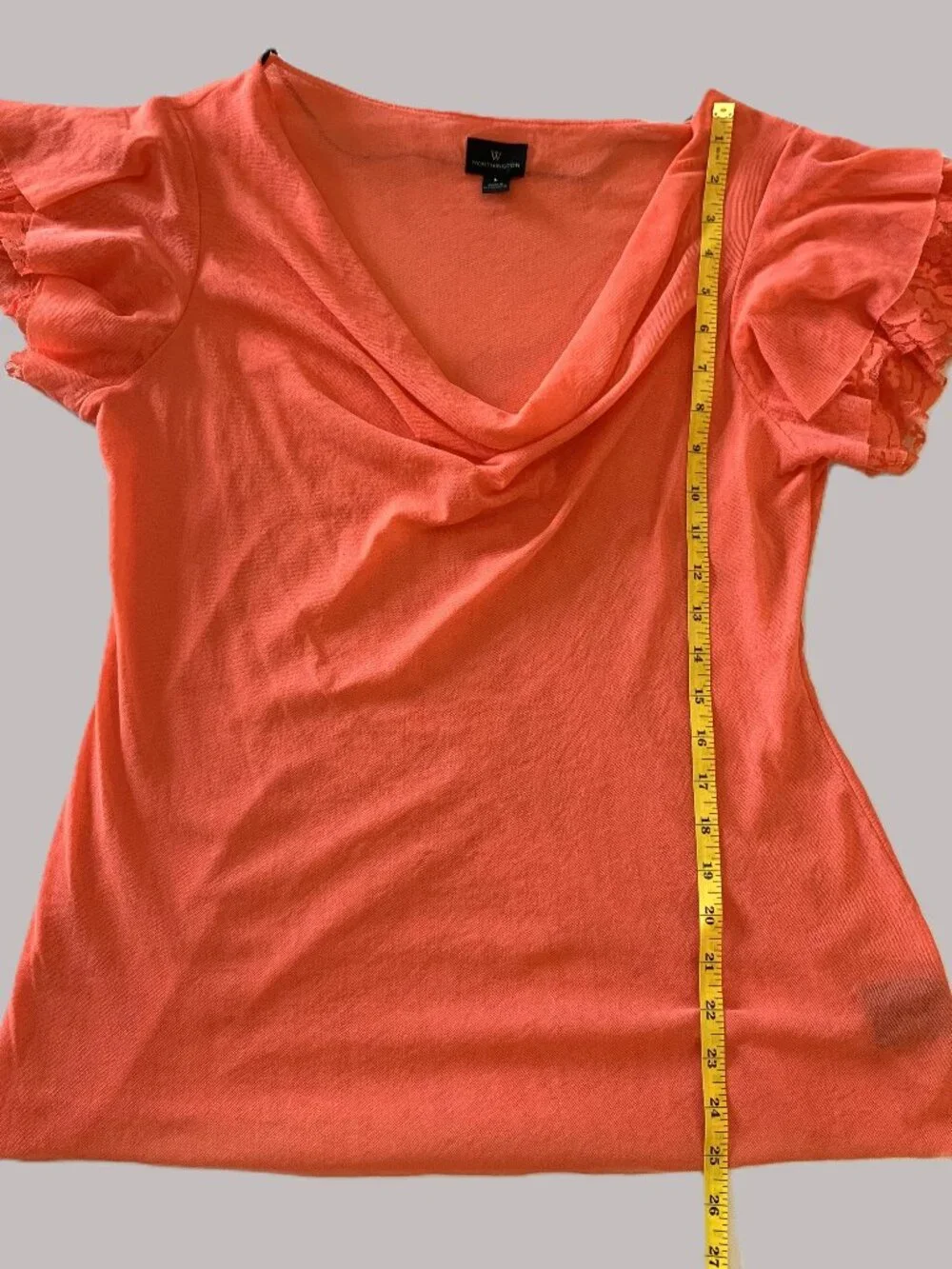 Worthington Orange Cowl Neck Blouse with Lace Flutter Short Sleeves Women L